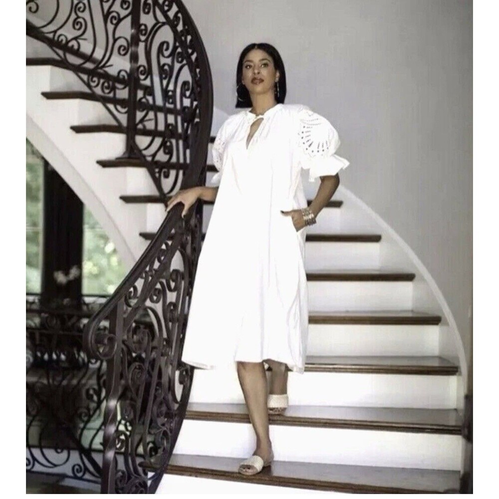 H&M WHITE EMBROIDERED PUFF SLEEVE MIDI KAFTAN DRESS SIZE M Party Boho Lagenlook